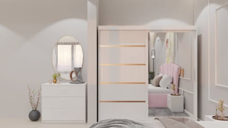 Dormitor Lucas cu Pat Tapitat Stofa Roz cu dulap 200*200 usi glisante Alb cu oglinda , noptiere si comoda [3]