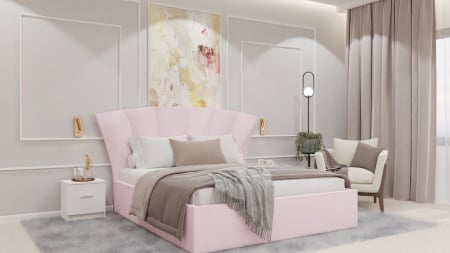 Dormitor Lucas cu Pat Tapitat Stofa Roz cu dulap 200*200 usi glisante Alb cu oglinda , noptiere si comoda [7]