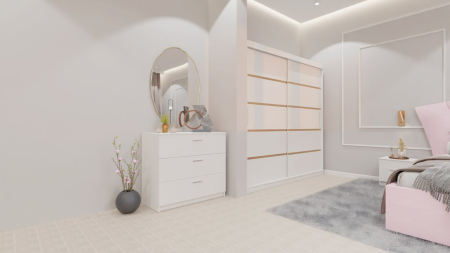 Dormitor Lucas cu Pat Tapitat Stofa Roz cu dulap 200*200 usi glisante Alb , noptiere si comoda [1]