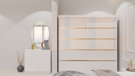 Dormitor Lucas cu Pat Tapitat Stofa Roz cu dulap 200*200 usi glisante Alb , noptiere si comoda [3]