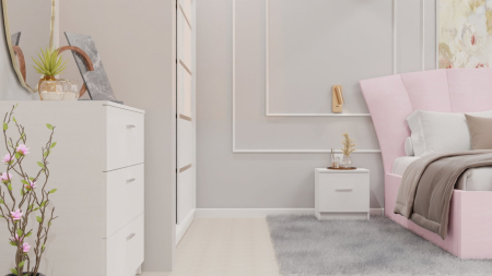 Dormitor Lucas cu Pat Tapitat Stofa Roz cu dulap 200*200 usi glisante Alb , noptiere si comoda [9]