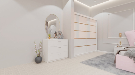 Dormitor Lucas cu Pat Tapitat Stofa Roz cu dulap 200*200 usi glisante Alb , noptiere si comoda [6]