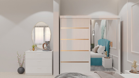 Dormitor Lucas cu Pat Tapitat Stofa Turcoaz cu dulap 200*200 usi glisante Alb cu oglinda , noptiere si comoda [8]