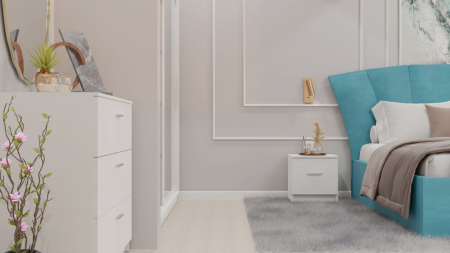 Dormitor Lucas cu Pat Tapitat Stofa Turcoaz cu dulap 200*200 usi glisante Alb cu oglinda , noptiere si comoda [9]