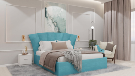 Dormitor Lucas cu Pat Tapitat Stofa Turcoaz cu dulap 200*200 usi glisante Alb , noptiere si comoda [2]