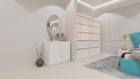 Dormitor Lucas cu Pat Tapitat Stofa Turcoaz cu dulap 200*200 usi glisante Alb , noptiere si comoda [1]