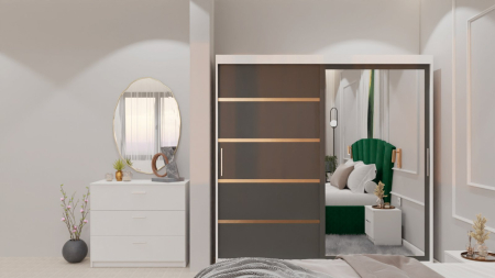 Dormitor Lucas cu Pat Tapitat Stofa Verde cu dulap 200*200 usi glisante Antracit&Alb cu oglinda , noptiere si comoda [3]