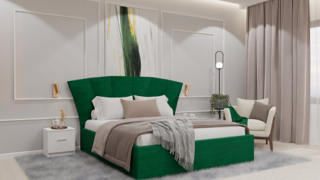 Dormitor Lucas cu Pat Tapitat Stofa Verde cu dulap 200*200 usi glisante Antracit&Alb cu oglinda , noptiere si comoda [7]