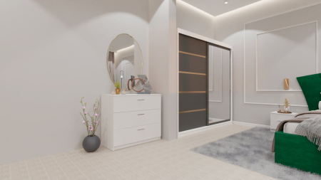 Dormitor Lucas cu Pat Tapitat Stofa Verde cu dulap 200*200 usi glisante Antracit&Alb cu oglinda , noptiere si comoda [6]