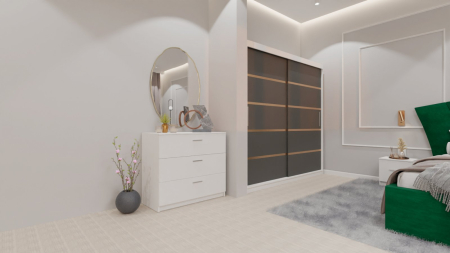 Dormitor Lucas cu Pat Tapitat Stofa Verde cu dulap 200*200 usi glisante Antracit&Alb , noptiere si comoda [1]