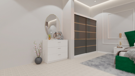 Dormitor Lucas cu Pat Tapitat Stofa Verde cu dulap 200*200 usi glisante Antracit&Alb , noptiere si comoda [1]