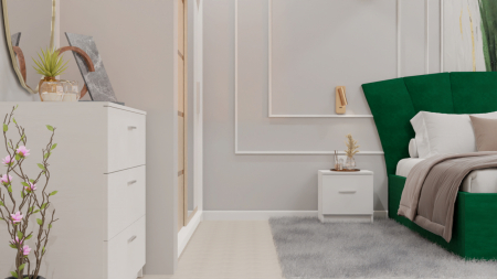 Dormitor Lucas cu Pat Tapitat Stofa Verde cu dulap 200*200 usi glisante Sonoma&Alb cu oglinda , noptiere si comoda [4]