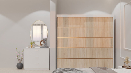 Dormitor Lucas cu Pat Tapitat Stofa Verde cu dulap 200*200 usi glisante Sonoma&Alb , noptiere si comoda [8]