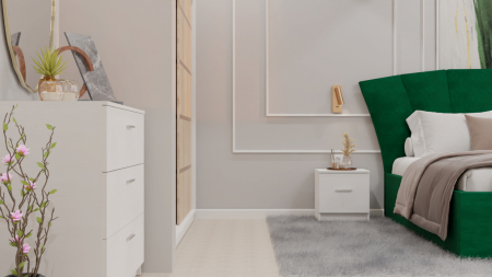 Dormitor Lucas cu Pat Tapitat Stofa Verde cu dulap 200*200 usi glisante Sonoma&Alb , noptiere si comoda [4]