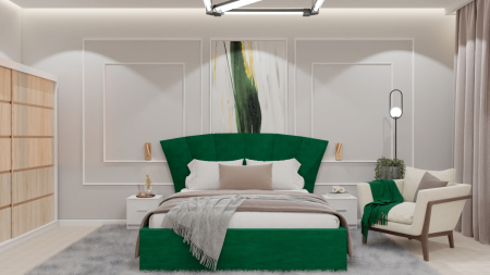 Seturi Dormitor - Dormitor Lucas cu Pat Tapitat Stofa Verde cu dulap 200*200 usi glisante Sonoma&Alb , noptiere si comoda