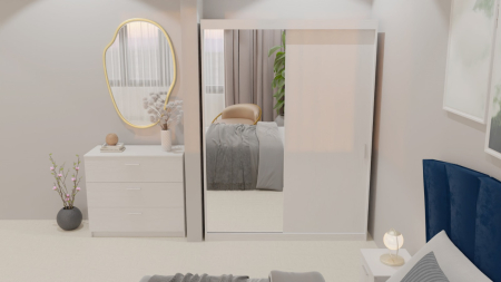 Dormitor Lucas Tapitat Albastru 2 Usi Alb cu Oglinda [3]