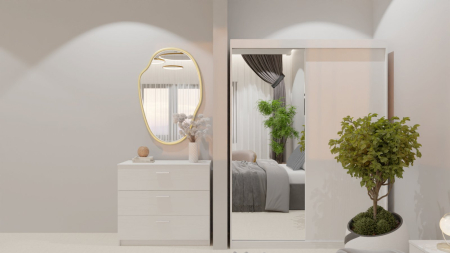 Dormitor Lucas Tapitat Gri 2 Usi Alb cu Oglinda [6]