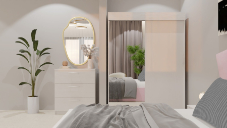 Dormitor Lucas Tapitat Roz 2 Usi Alb cu Oglinda [7]