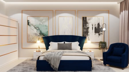 Dormitor Lucas Tapitat Stofa Albastru cu dulap 250*200 usi glisante Alb, noptiere si comoda Seturi Dormitor - Dormitor Lucas Tapitat Stofa Albastru cu dulap 250*200 usi glisante Alb, noptiere si comoda