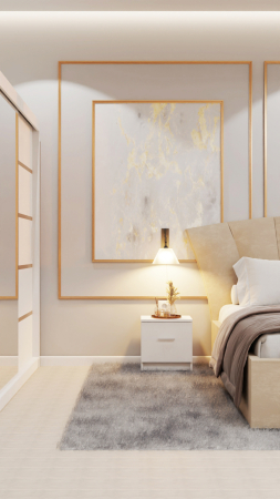 Dormitor Lucas Tapitat Stofa Bej cu dulap 250*200 usi glisante Alb cu Oglinda, noptiere si comoda [4]