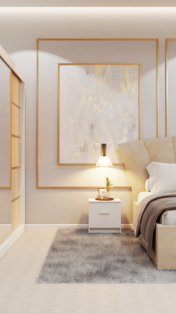 Dormitor Lucas Tapitat Stofa Bej cu dulap 250*200 usi glisante Alb&Sonoma cu Oglinda, noptiere si comoda [4]