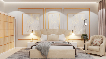 Seturi Dormitor - Dormitor Lucas Tapitat Stofa Bej cu dulap 250*200 usi glisante Alb&Sonoma, noptiere si comoda