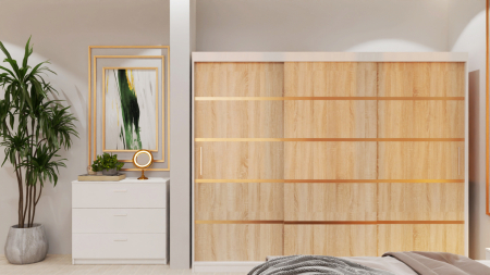 Dormitor Lucas Tapitat Stofa Bej cu dulap 250*200 usi glisante Alb&Sonoma, noptiere si comoda [3]