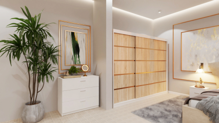 Dormitor Lucas Tapitat Stofa Bej cu dulap 250*200 usi glisante Alb&Sonoma, noptiere si comoda [1]