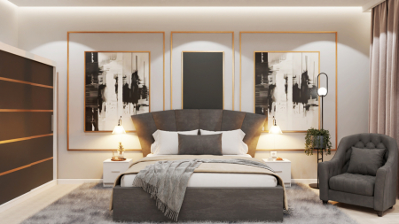 Seturi Dormitor - Dormitor Lucas Tapitat Stofa Gri cu dulap 250*200 usi glisante Alb&Antracit, noptiere si comoda