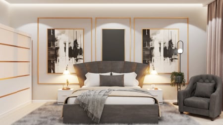 Dormitor Lucas Tapitat Stofa Gri cu dulap 250*200 usi glisante Alb, noptiere si comoda Seturi Dormitor - Dormitor Lucas Tapitat Stofa Gri cu dulap 250*200 usi glisante Alb, noptiere si comoda