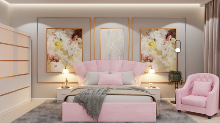 Seturi Dormitor - Dormitor Lucas Tapitat Stofa Roz cu dulap 250*200 usi glisante Alb, noptiere si comoda