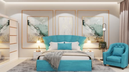 Dormitor Lucas Tapitat Stofa Turcoaz cu dulap 250*200 usi glisante Alb cu Oglinda, noptiere si comoda Seturi Dormitor - Dormitor Lucas Tapitat Stofa Turcoaz cu dulap 250*200 usi glisante Alb cu Oglinda, noptiere si comoda