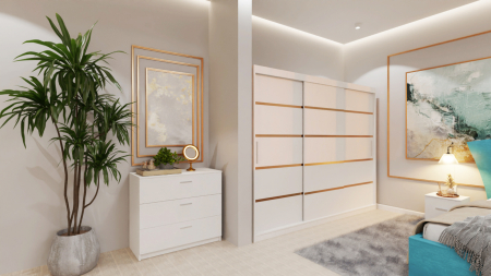 Dormitor Lucas Tapitat Stofa Turcoaz cu dulap 250*200 usi glisante Alb, noptiere si comoda [1]