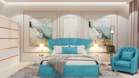 Seturi Dormitor - Dormitor Lucas Tapitat Stofa Turcoaz cu dulap 250*200 usi glisante Alb, noptiere si comoda