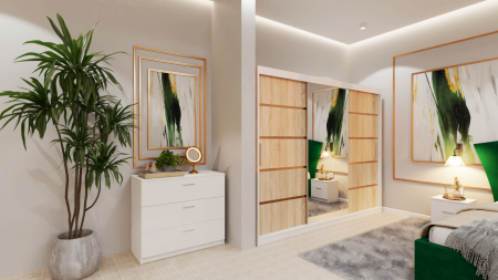 Dormitor Lucas Tapitat Stofa Verde cu dulap 250*200 usi glisante Alb&Sonoma cu Oglinda, noptiere si comoda [1]