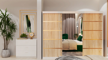 Dormitor Lucas Tapitat Stofa Verde cu dulap 250*200 usi glisante Alb&Sonoma cu Oglinda, noptiere si comoda [3]