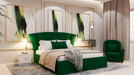 Dormitor Lucas Tapitat Stofa Verde cu dulap 250*200 usi glisante Alb&Sonoma, noptiere si comoda [2]