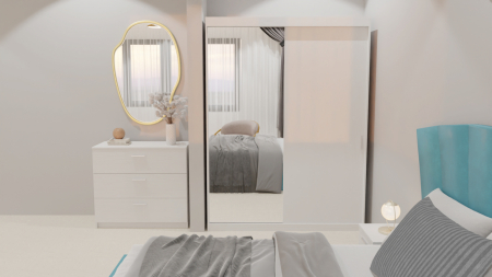 Dormitor Lucas Tapitat Turcoaz 2 Usi Alb cu Oglinda [3]