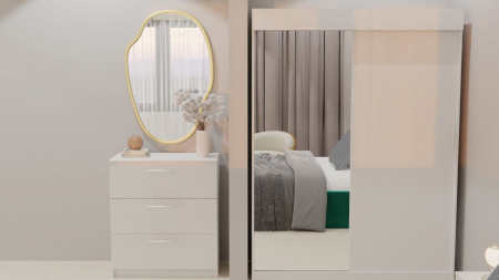 Dormitor Lucas Tapitat Verde 2 Usi Alb cu Oglinda [2]