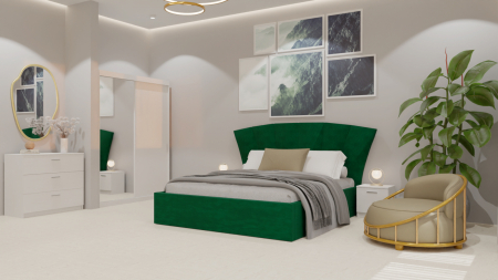 Dormitor Lucas Tapitat Verde 2 Usi Alb cu Oglinda [1]