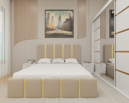 Seturi Dormitor - Dormitor MILANO Tapitat, 250X200 Alb cu oglinda, Somiera Rabatabila