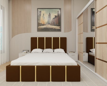 Mobila Dormitor - Dormitor MILANO Tapitat, 250X200 Alb&Sonoma cu oglinda, Somiera Rabatabila