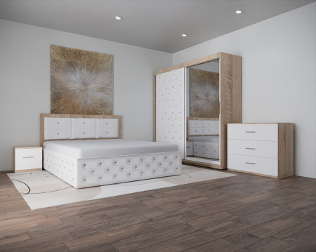 Dormitor Nemira New Sonoma&Alb Tapitat 2 Usi cu Oglinda Seturi Dormitor - Dormitor Nemira New Sonoma&Alb Tapitat 2 Usi cu Oglinda