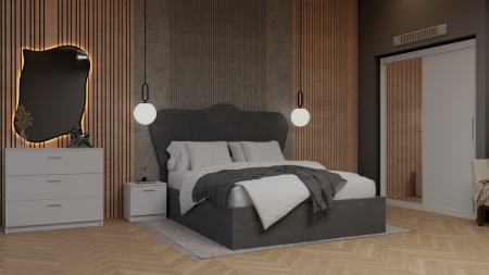 Dormitor Queen Pat Tapitat Dressing 2 Usi Cu Oglinda Alb [1]