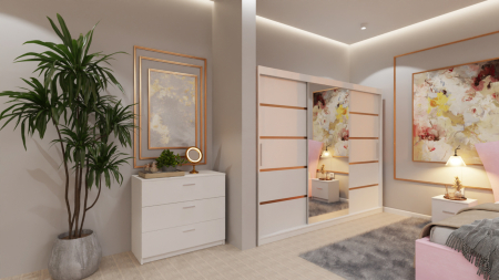 Dormitor Lucas cu Pat Tapitat Stofa Roz cu dulap 250*200 usi glisante Alb cu Oglinda, noptiere si comoda [1]