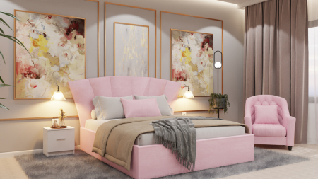 Dormitor Lucas cu Pat Tapitat Stofa Roz cu dulap 250*200 usi glisante Alb cu Oglinda, noptiere si comoda [2]