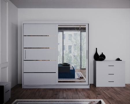 Dormitor Regal cu Pat Tapitat Stofa Albastra cu dulap 200*200 usi glisante Alb cu Oglinda, noptiere si comoda [2]