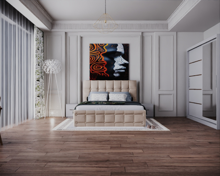 Seturi Dormitor - Dormitor Regal cu Pat Tapitat Stofa Bej cu dulap 200*200 usi glisante Alb cu Oglinda, noptiere si comoda