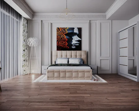 Seturi Dormitor - Dormitor Regal cu Pat Tapitat Stofa Bej cu dulap 200*200 usi glisante Alb cu Oglinda, noptiere si comoda