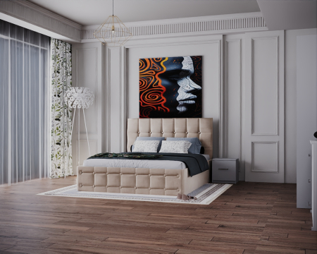 Dormitor Regal cu Pat Tapitat Stofa Bej cu dulap 200*200 usi glisante Alb cu Oglinda, noptiere si comoda [3]